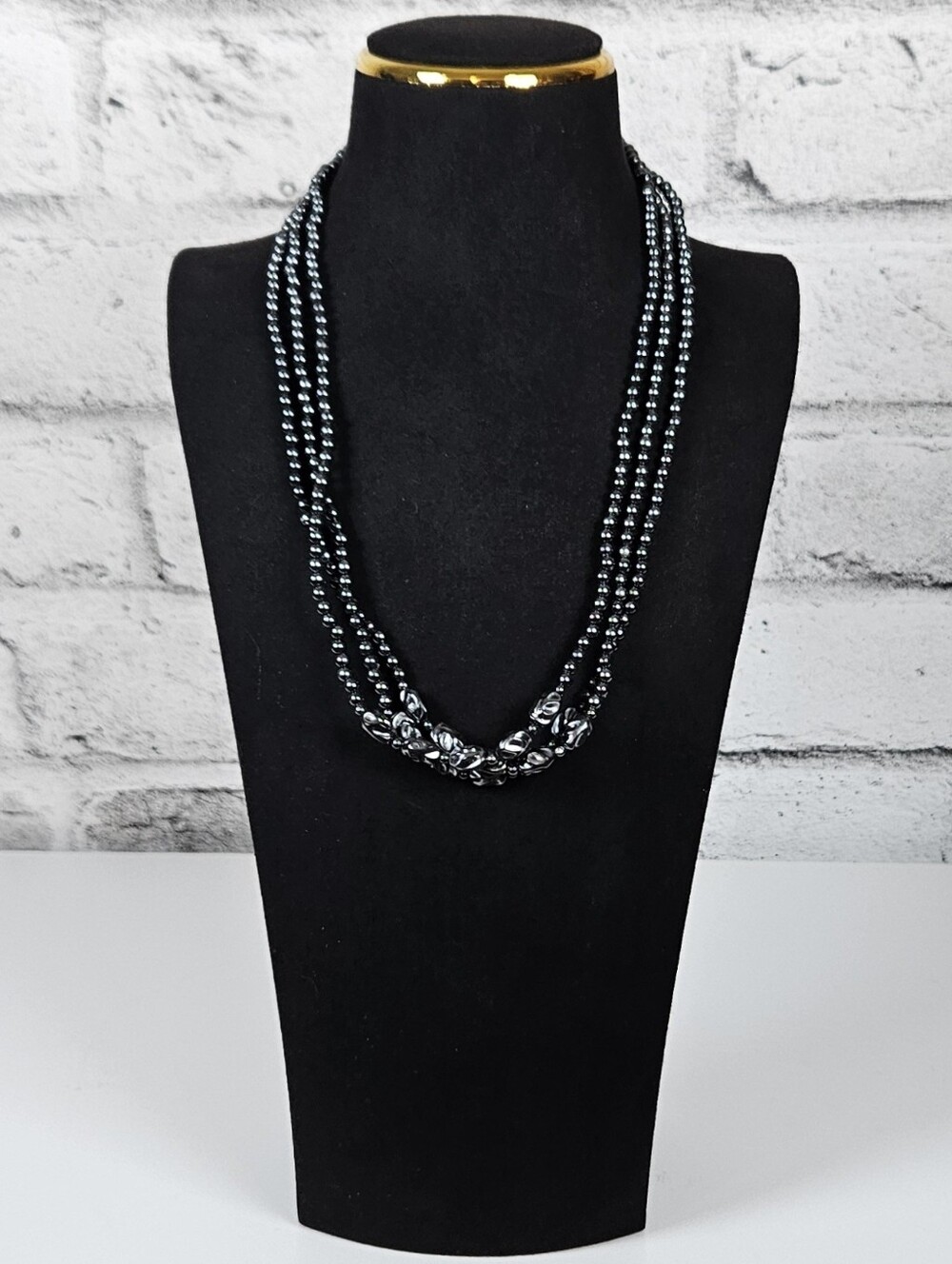 Black Hematite Tone Multi Strand Beaded Statement Necklace
